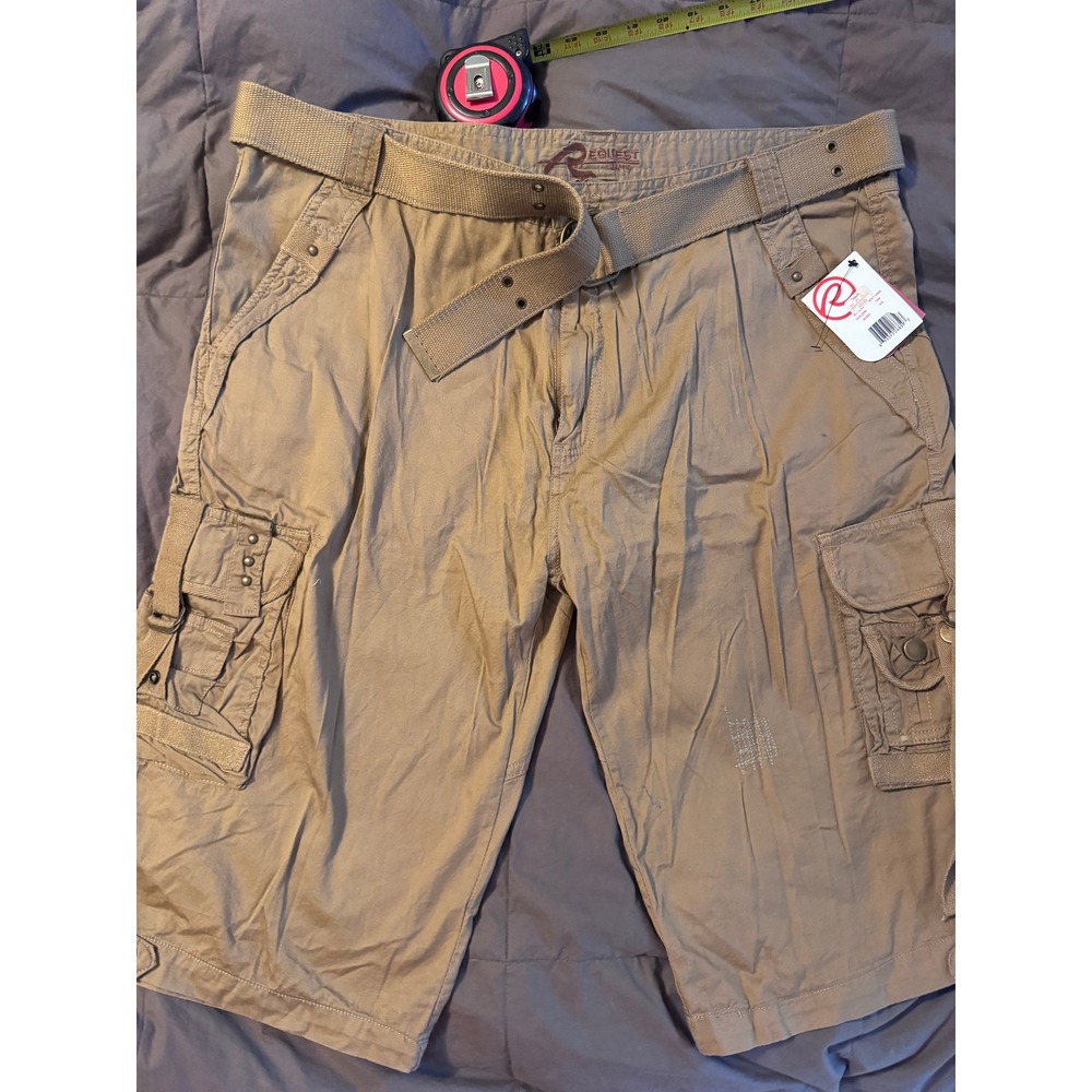 Request Jeans Mens Cargo Shorts Khaki Tan Multi Pocket Belted Size 42 NWT